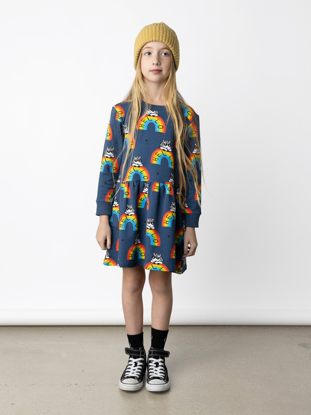Minti kids clothing. Sweatshirting dress with ruched waist seam and hidden side pockets. 320 Gram // 95% Cotton // 5% Elastane.