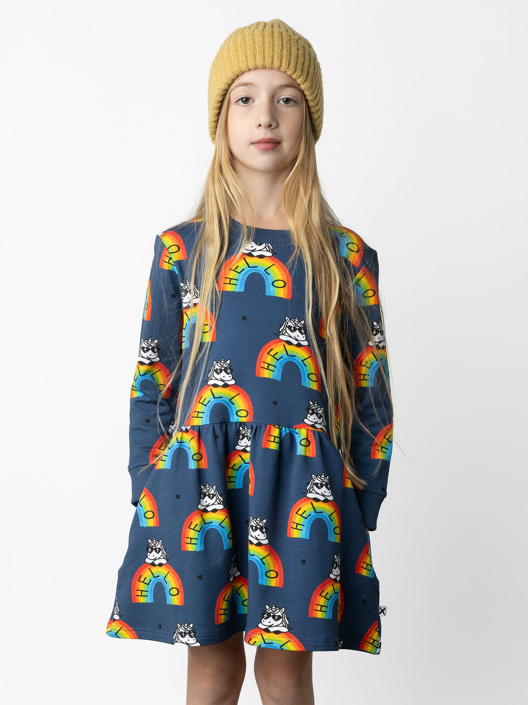 Minti kids clothing. Sweatshirting dress with ruched waist seam and hidden side pockets. 320 Gram // 95% Cotton // 5% Elastane.