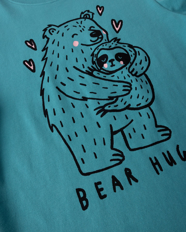 Close up of the Bear Hug Tee print in emerald
