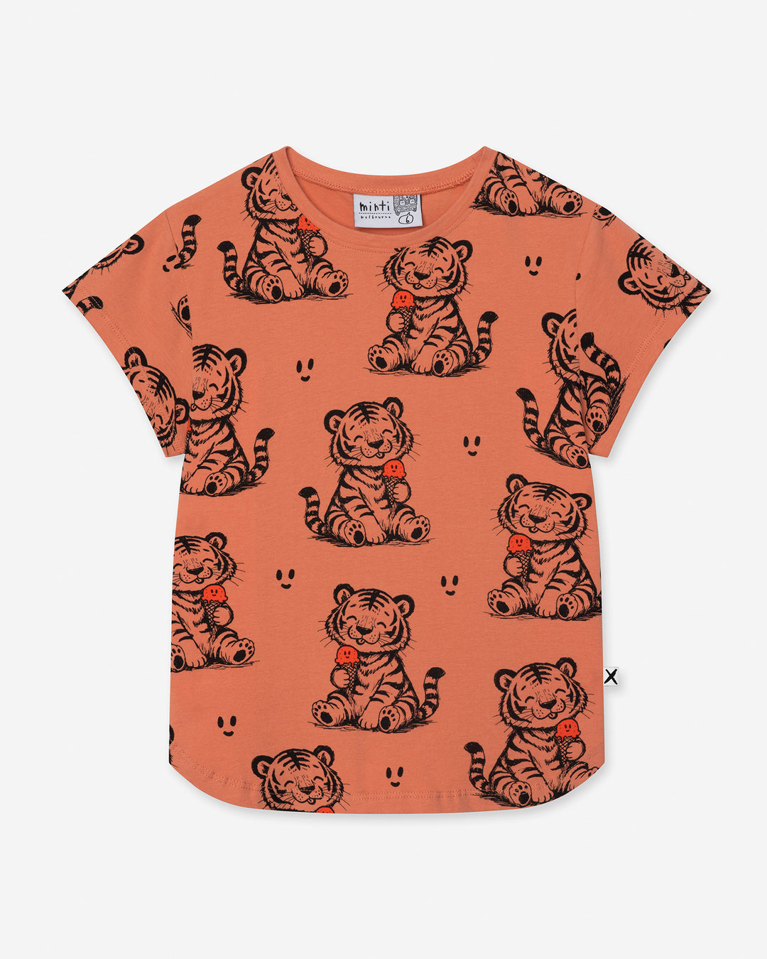Happy Tiger Tee in apricot, girls t shirt by Minti, flat lay