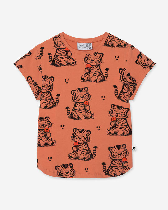 Happy Tiger Tee in apricot, girls t shirt by Minti, flat lay
