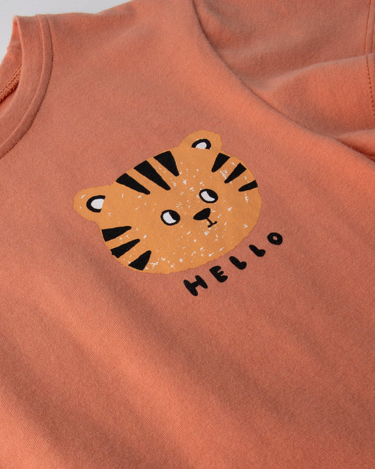 Close up of the Hello Tiger Tee print in apricot