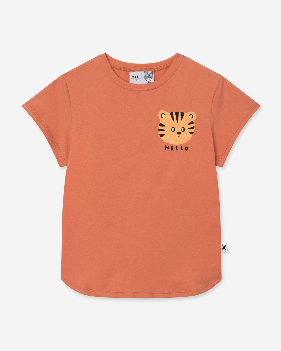 Hello Tiger Tee in apricot, girls t shirt by Minti, flat lay