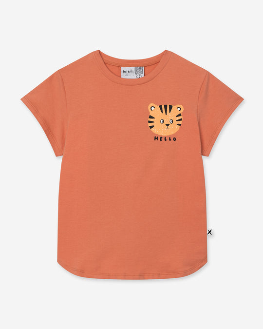 Hello Tiger Tee in apricot, girls t shirt by Minti, flat lay
