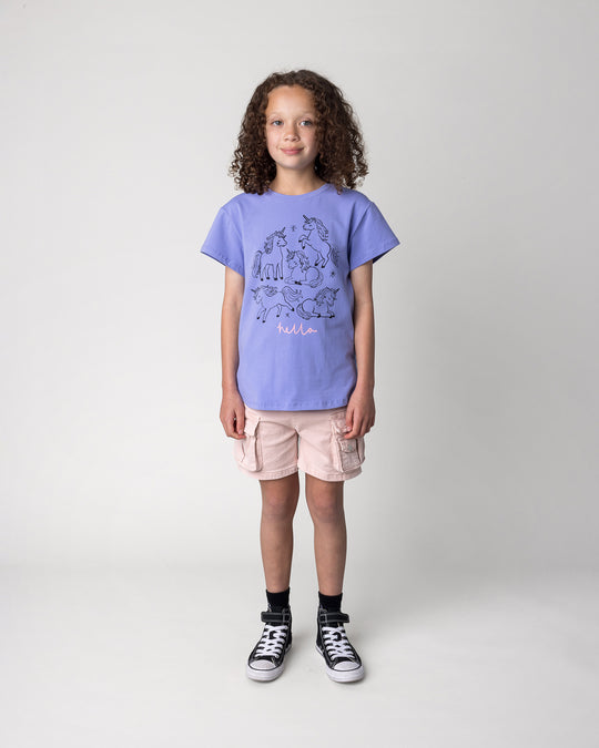Kid wearing the Hello Unicorns Tee in purple, front view