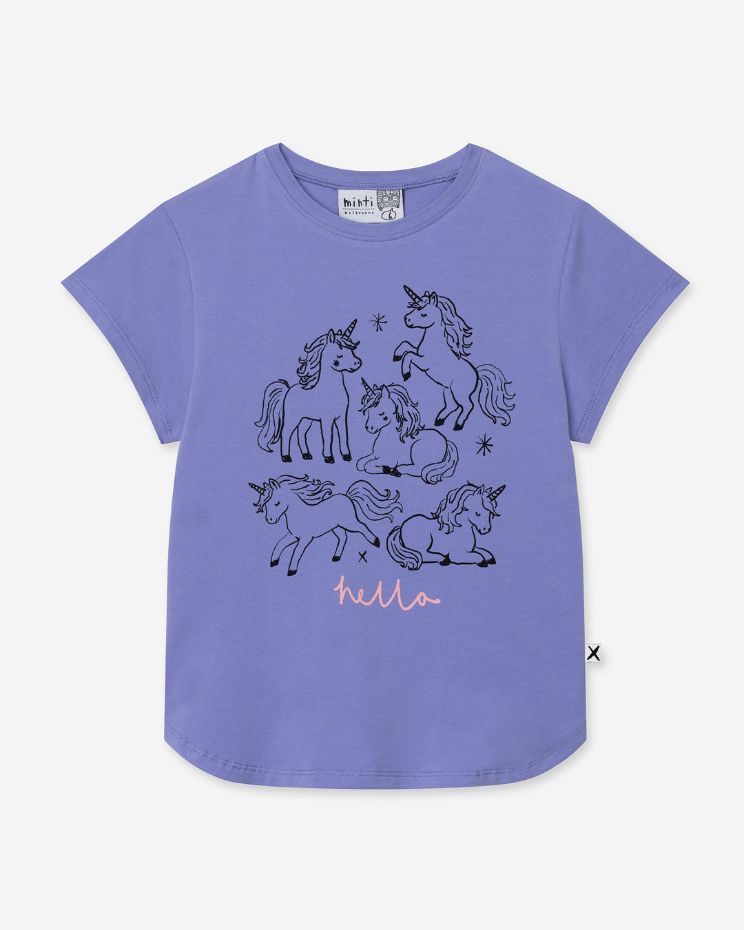Hello Unicorns Tee in purple, girls t shirt by Minti, flat lay