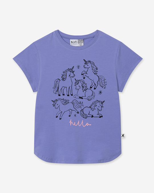Hello Unicorns Tee in purple, girls t shirt by Minti, flat lay