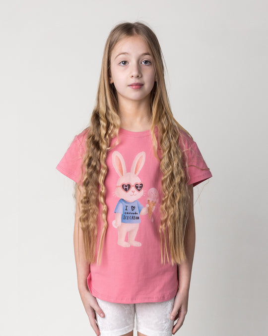 Close up of the Icecream Bunny Tee in candy on a kid, front view