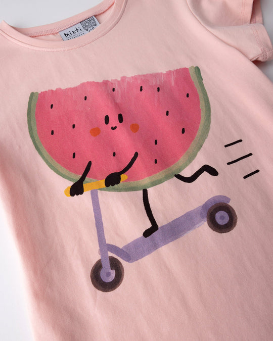 Close up of the Scooting Watermelon Tee print in light pink