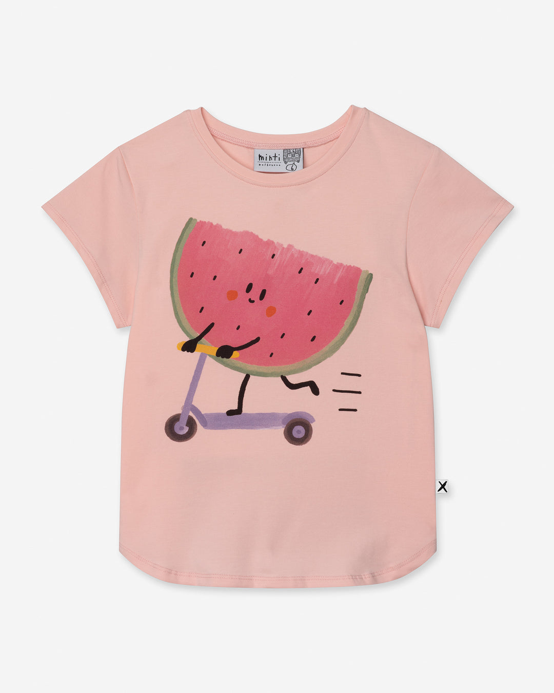 Scooting Watermelon Tee in light pink, girls t shirt by Minti, flat lay