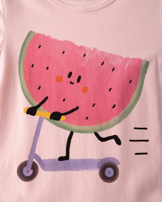Close up of the Scooting Watermelon Dress print in light pink