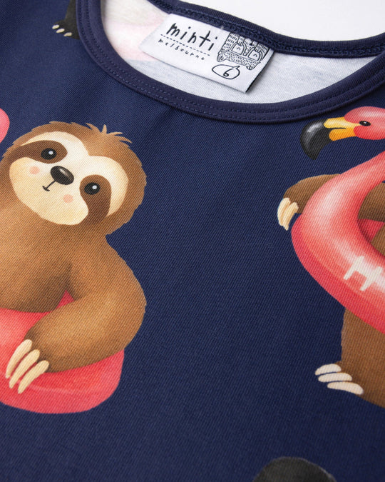 Close up of the Swimming Buddies Dress print in midnight