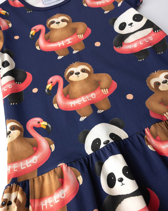Close up of the Swimming Buddies Dress print in midnight