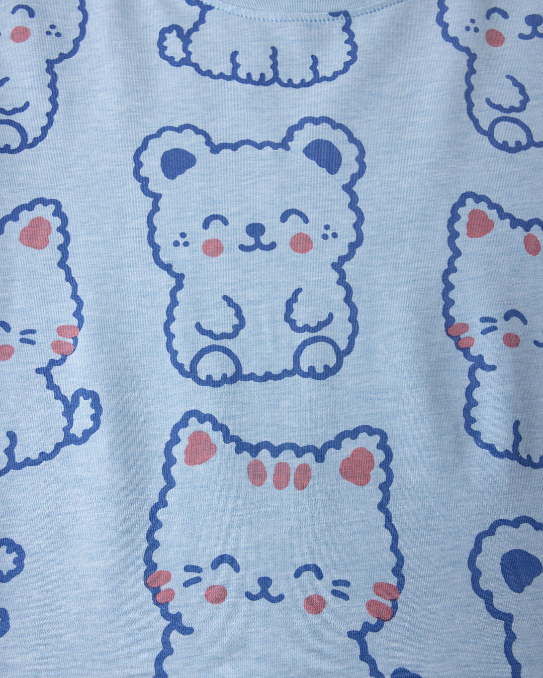 Close up of the Hi Cat Bear Dress print in light blue marle