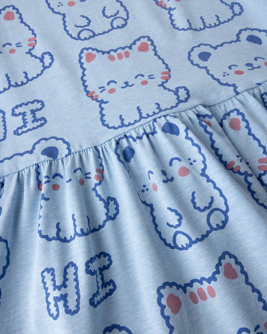 Close up of the Hi Cat Bear Dress print in light blue marle