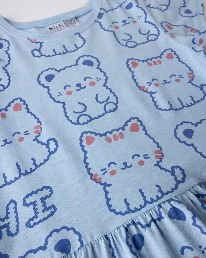 Close up of the Hi Cat Bear Dress print in light blue marle
