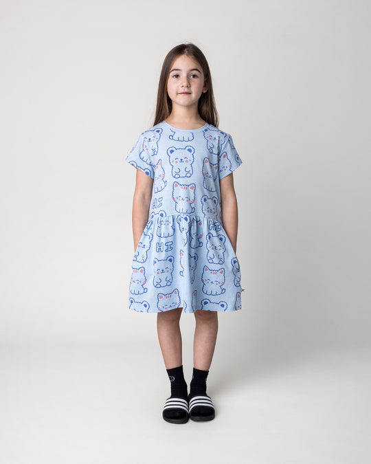 Kid wearing the Hi Cat Bear Dress in light blue marle, front view