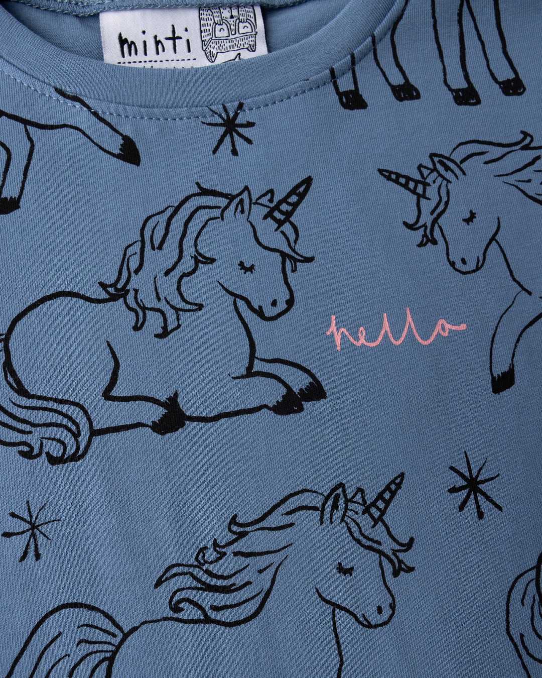 Close up of the Hello Unicorns Dress print in mid blue, light blue and pink