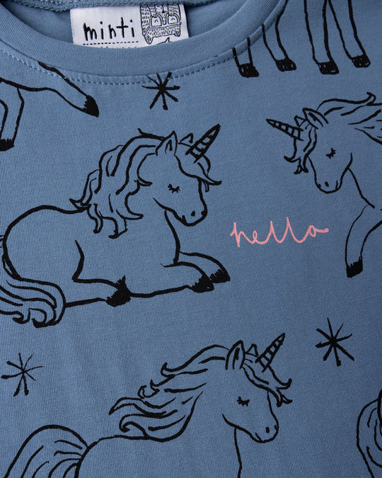 Close up of the Hello Unicorns Dress print in mid blue, light blue and pink
