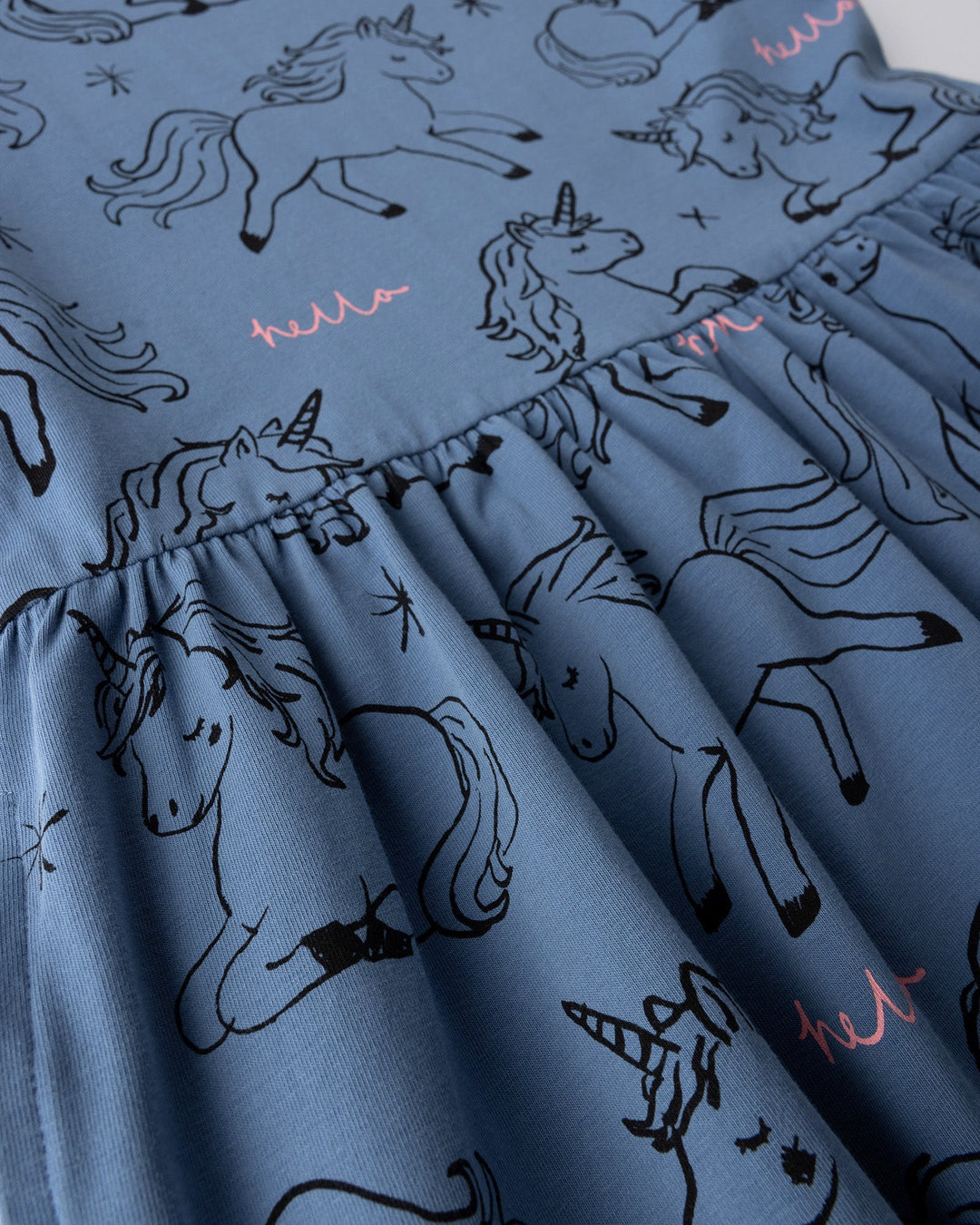 Close up of the Hello Unicorns Dress print in mid blue, light blue and pink
