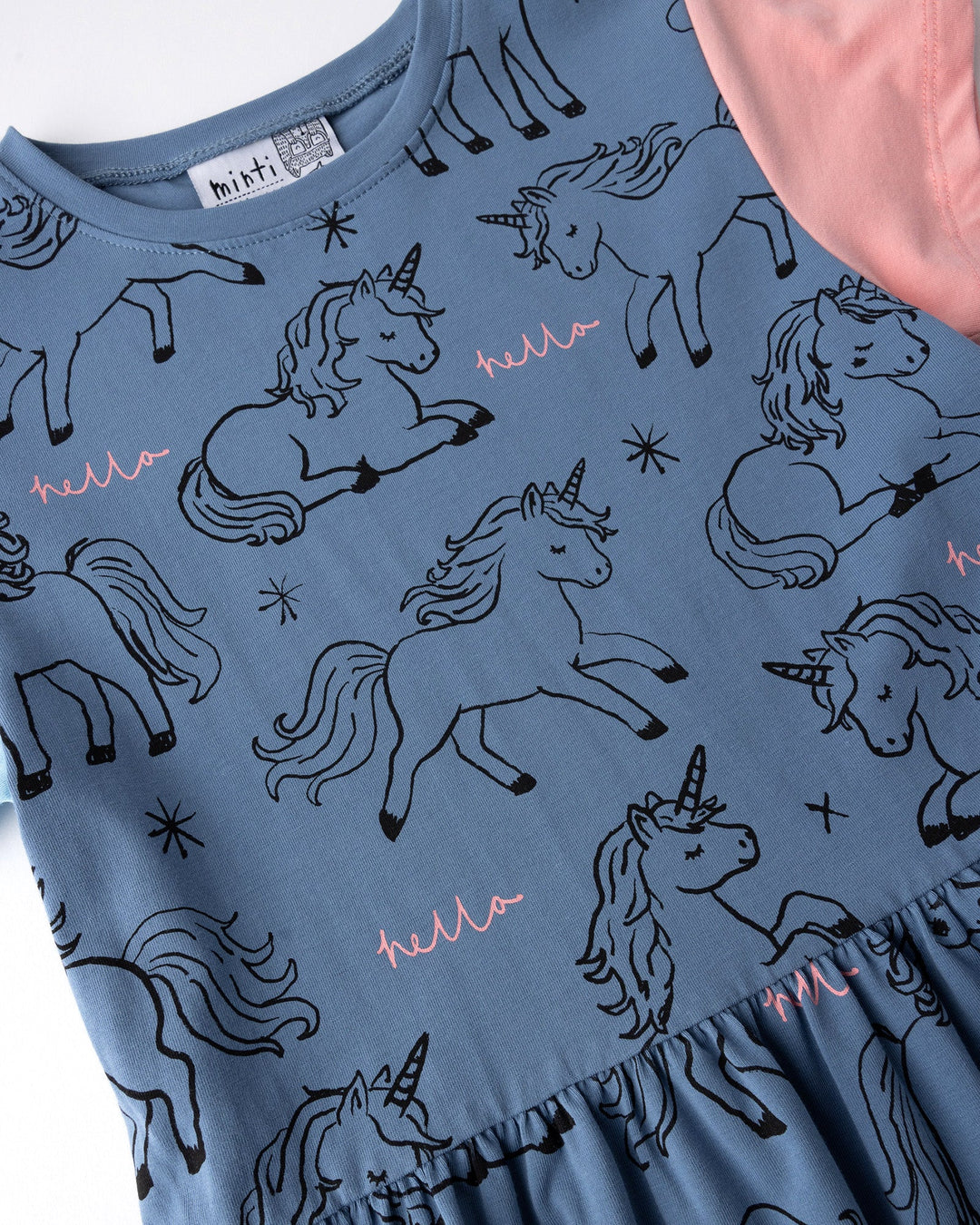 Close up of the Hello Unicorns Dress print in mid blue, light blue and pink