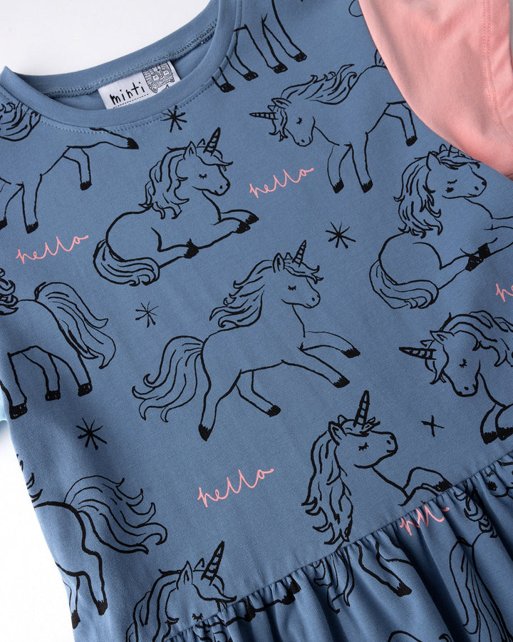 Close up of the Hello Unicorns Dress print in mid blue, light blue and pink
