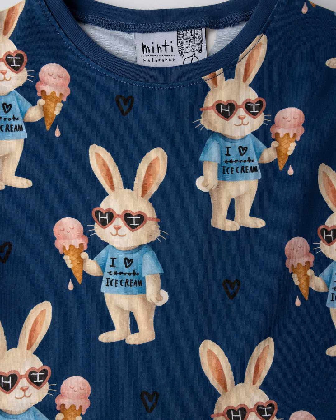Close up of the Icecream Bunny Dress print in blue