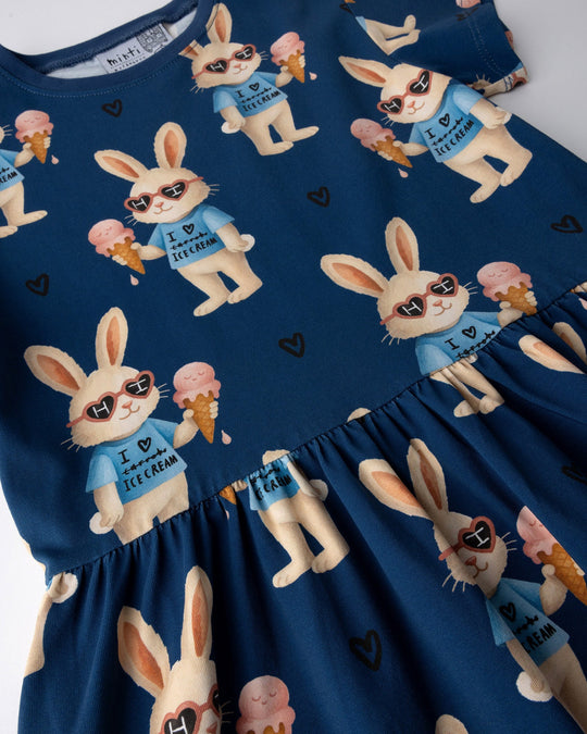 Close up of the Icecream Bunny Dress print in blue