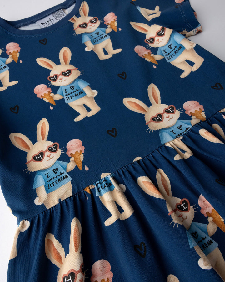 Close up of the Icecream Bunny Dress print in blue