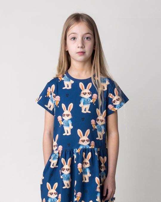 Close up of the Icecream Bunny Dress in blue on a kid, front view
