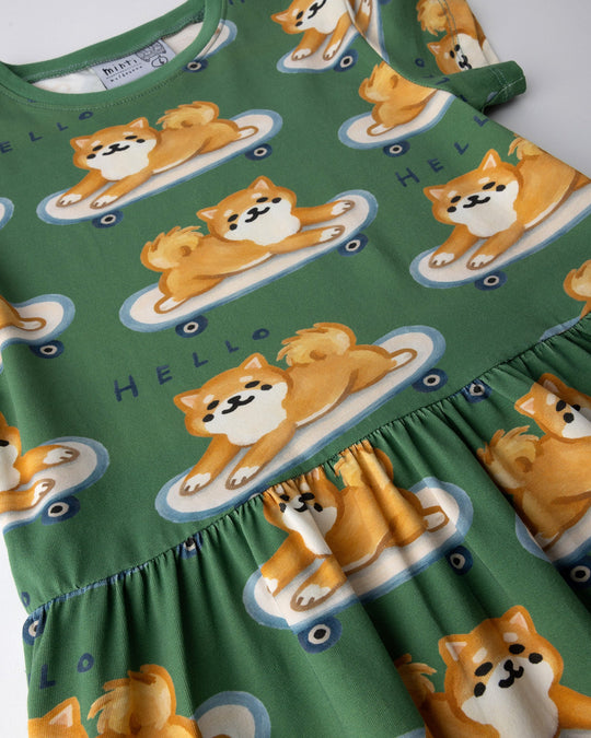 Close up of the Skate Puppy Dress print in turf
