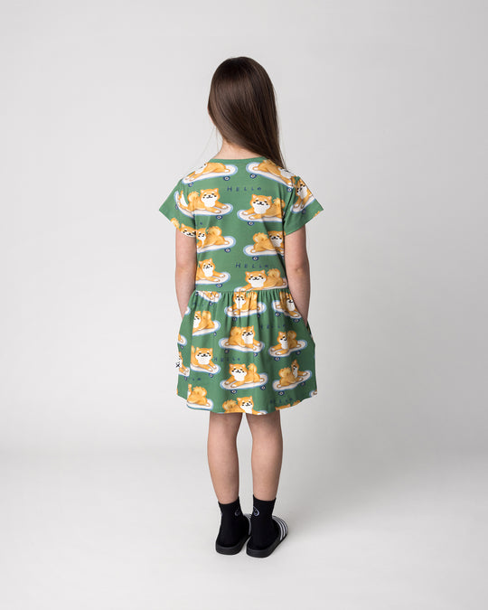 Kid wearing the Skate Puppy Dress in turf, back view