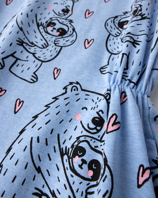 Close up of the Bear Hug Dress print in blue marle