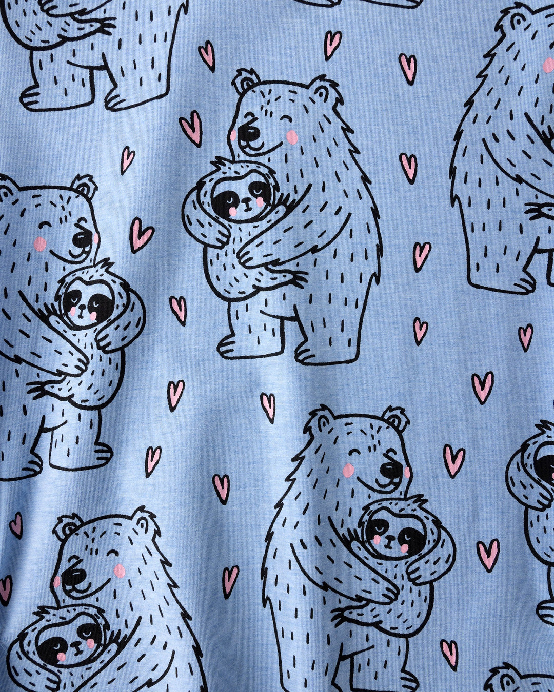 Close up of the Bear Hug Dress print in blue marle