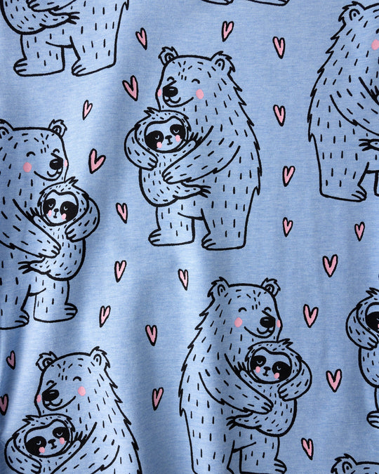 Close up of the Bear Hug Dress print in blue marle