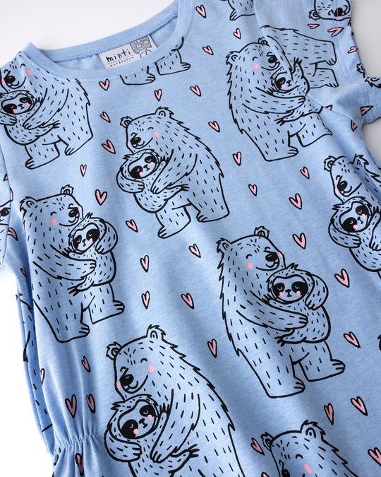Close up of the Bear Hug Dress print in blue marle