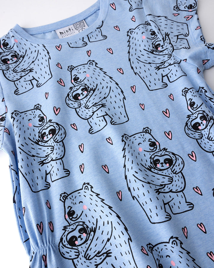 Close up of the Bear Hug Dress print in blue marle