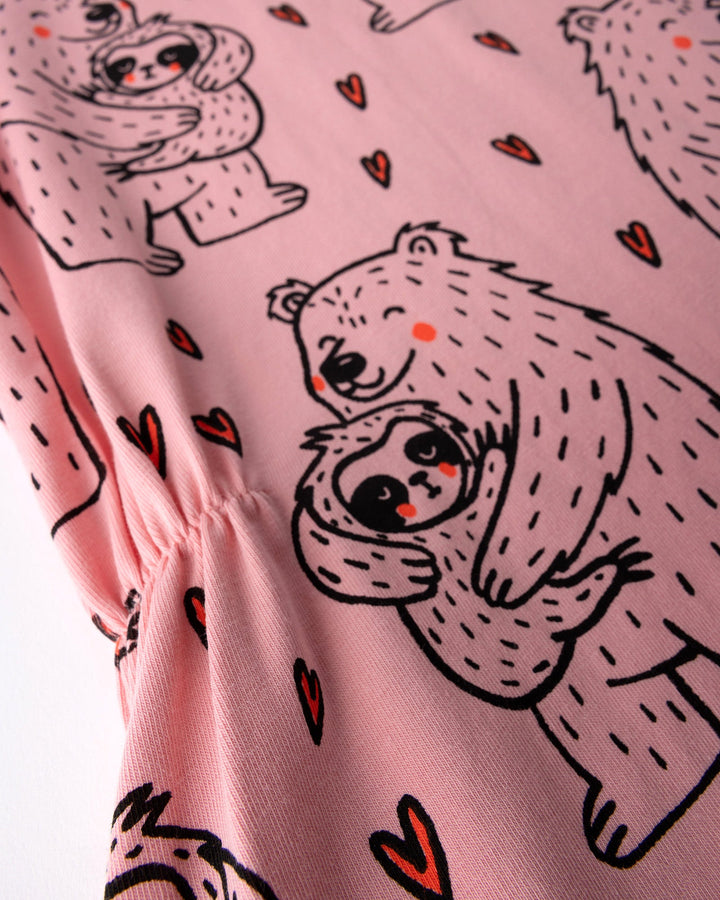Close up of the Bear Hug Dress print in pink