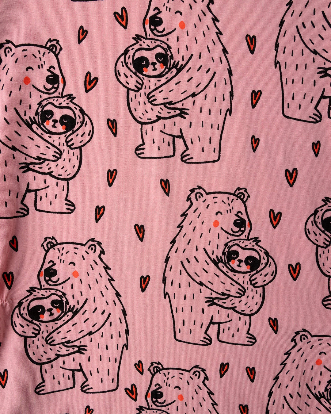 Close up of the Bear Hug Dress print in pink