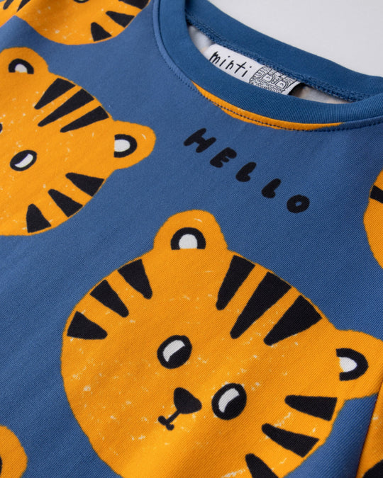Close up of the Hello Tiger Dress print in blue