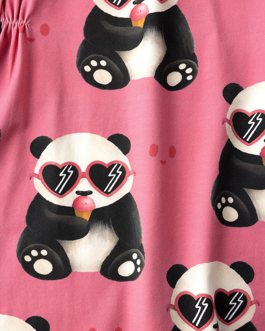 Close up of the Icecream Panda Dress print in candy
