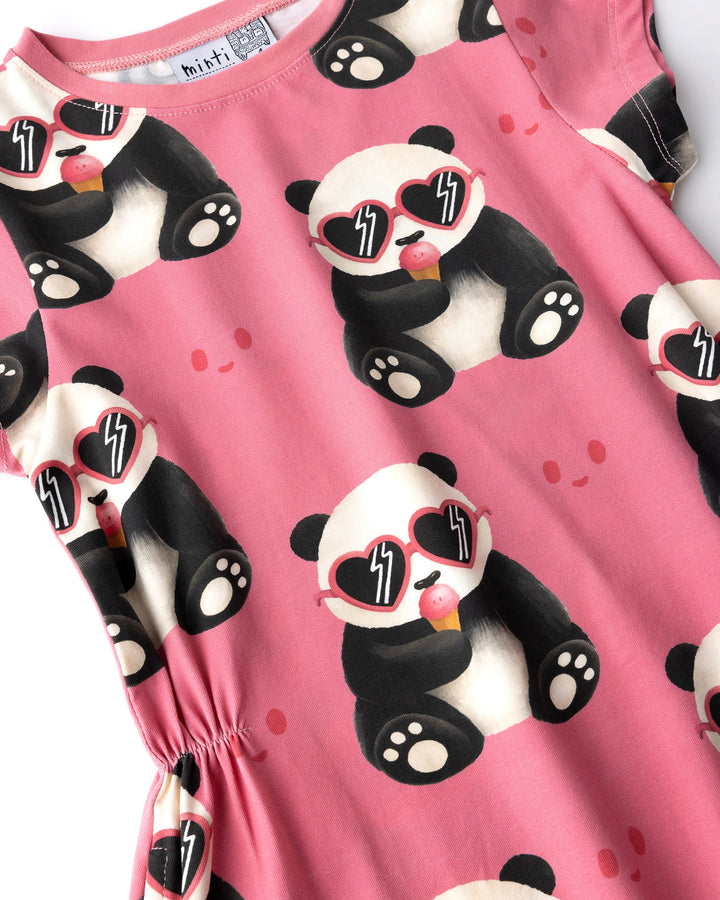 Close up of the Icecream Panda Dress print in candy