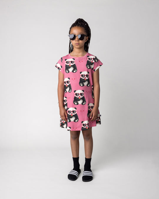 Kid wearing the Icecream Panda Dress in candy, front view