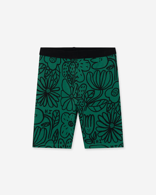 Big Flowers Bike Pant in kelly green, girls bike shorts by Minti, flat lay