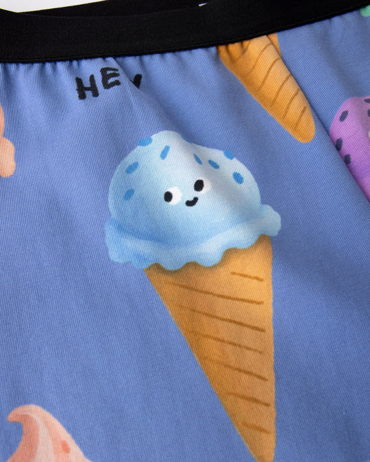 Close up of the Happy Icecreams Bike Pant print in cornflower