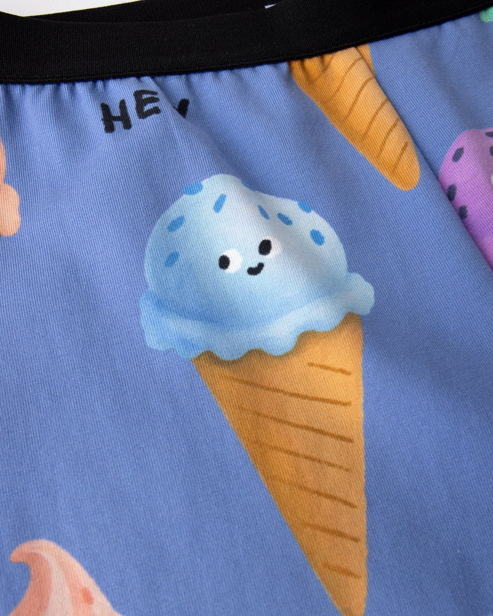 Close up of the Happy Icecreams Bike Pant print in cornflower