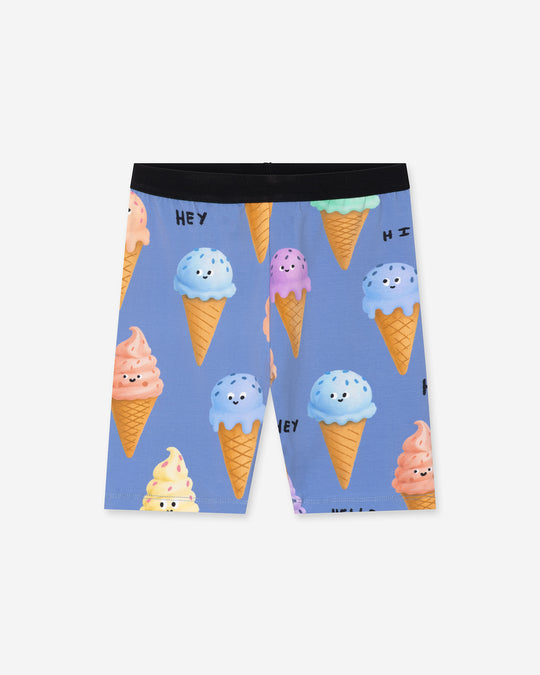 Happy Icecreams Bike Pant in cornflower, girls bike shorts by Minti, flat lay