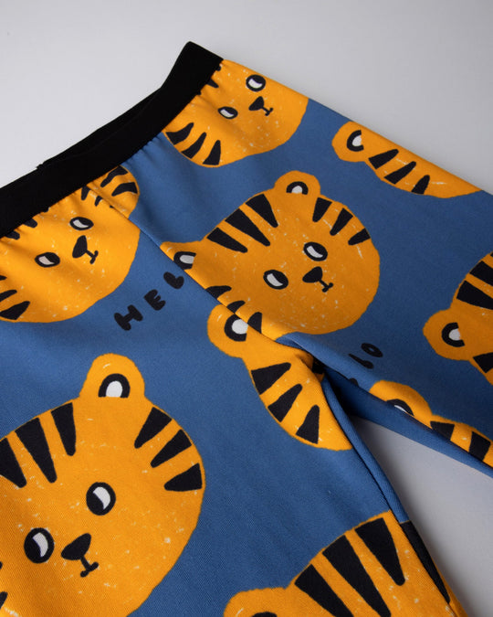 Close up of the Hello Tiger Bike Pant print in blue