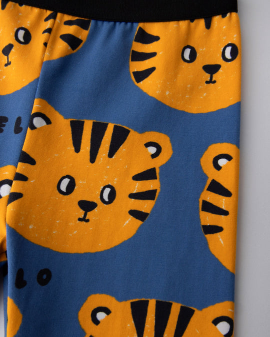 Close up of the Hello Tiger Bike Pant print in blue