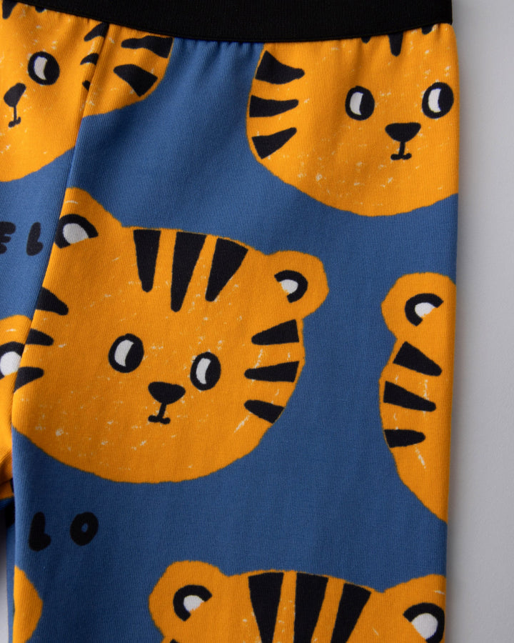 Close up of the Hello Tiger Bike Pant print in blue